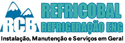 Logo da Refrigobal Refrigeração, com montanhas azuis e texto “Instalação, Manutenção e Serviços em Geral”