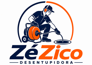 Logo da Zé Zico Desentupidora com encanador e mangueira em azul e laranja