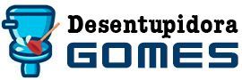 Logotipo com um desentupidor de cano azul e o texto “Desentupidora GOMES” em preto e azul.