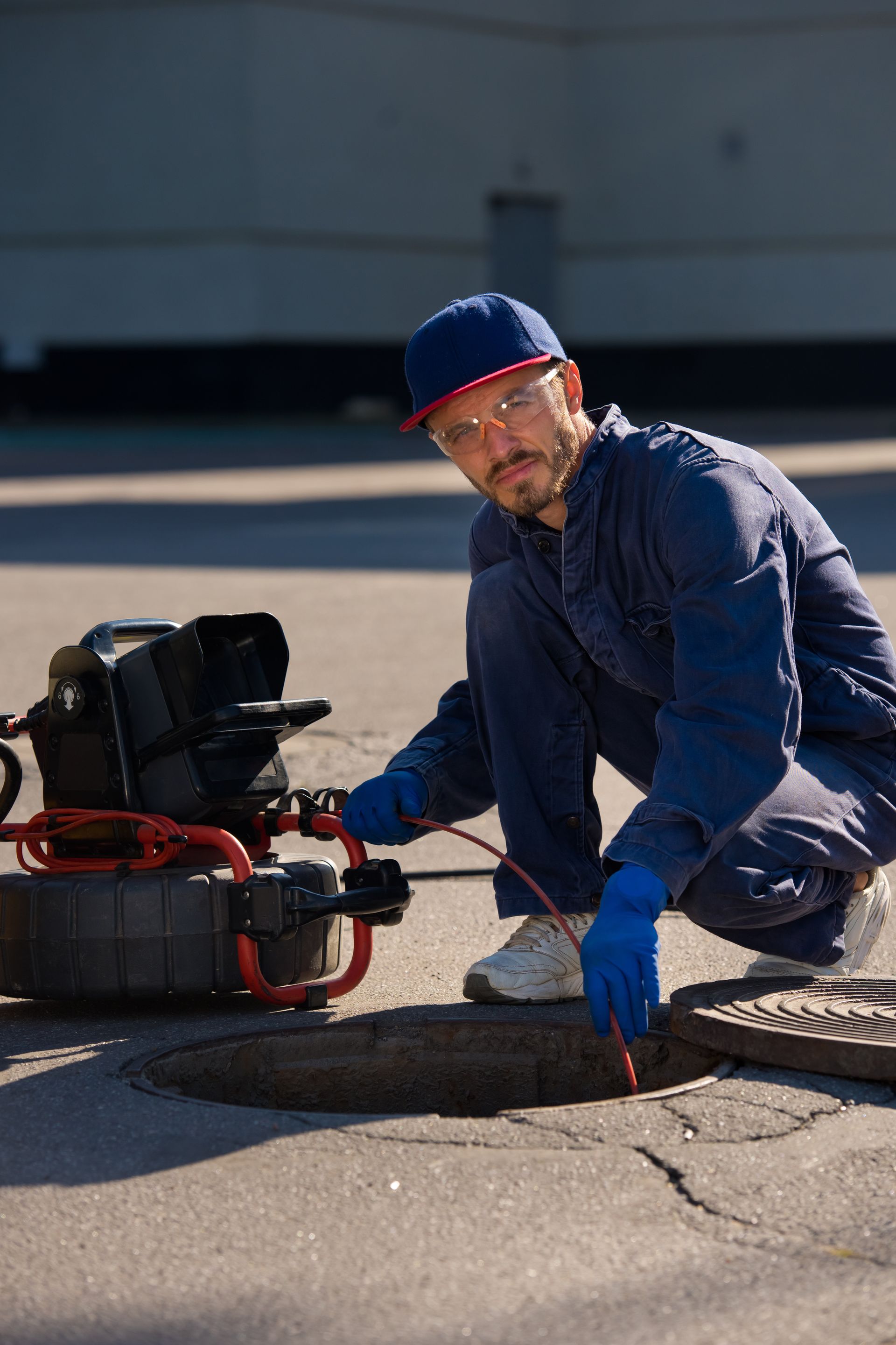A man is kneeling down next to a manhole cover with a camera attached to it.