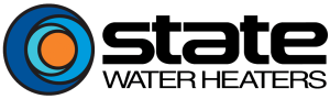 The logo for state water heaters is blue and orange.