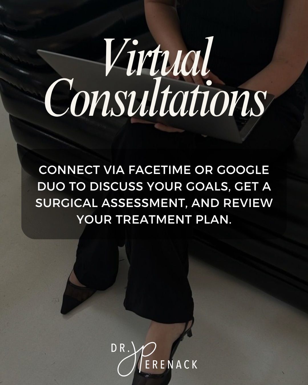 Person using laptop, advertising virtual consultations via Facetime or Google Duo.