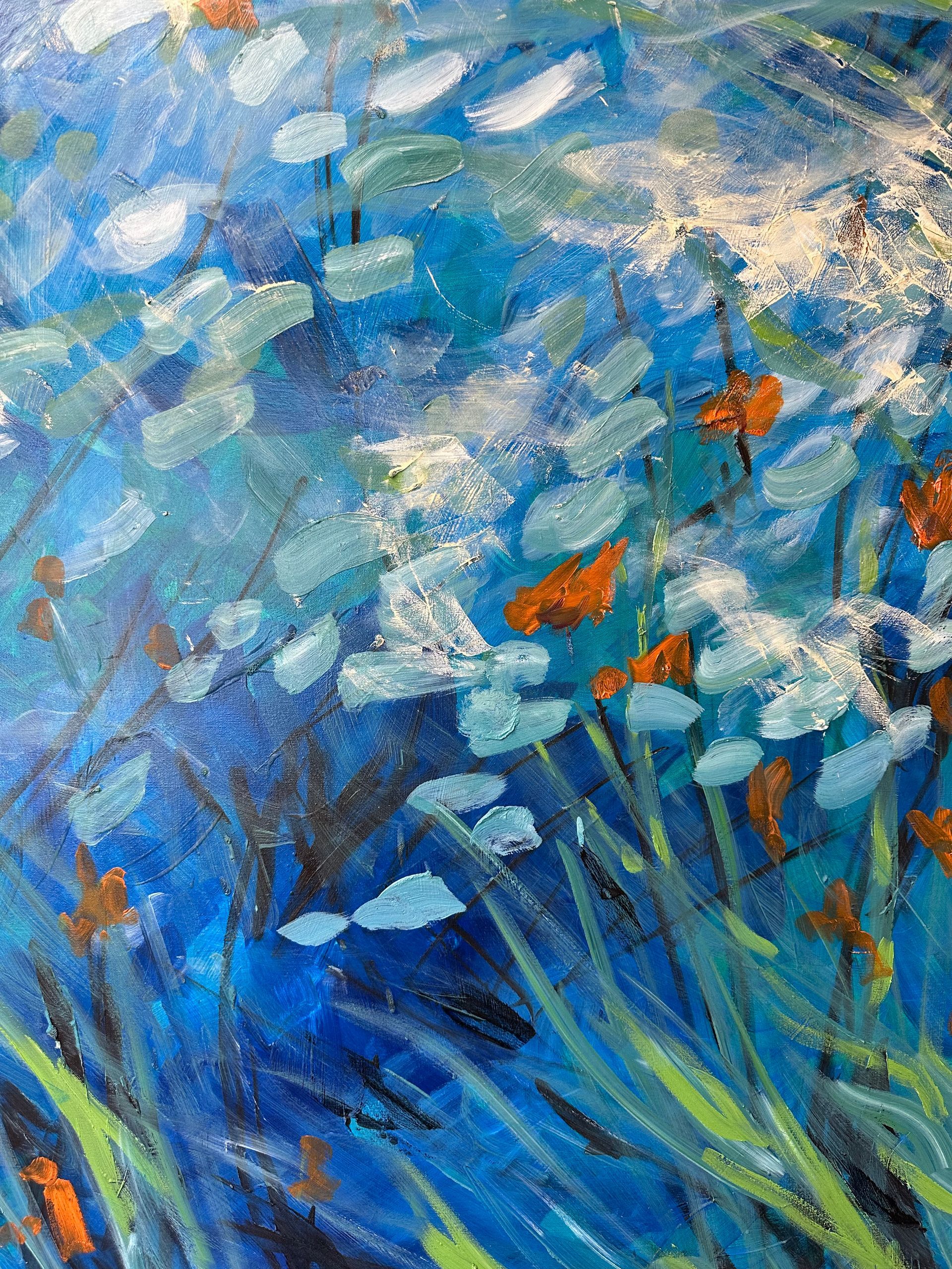 Blue and white impressionistic floral painting with orange accents and green foliage.