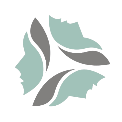 Three stylized faces in a circle, two light teal and one gray.