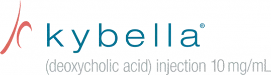 Kybella logo with blue text and a red curved design; reads (deoxycholic acid) injection 10 mg/mL.