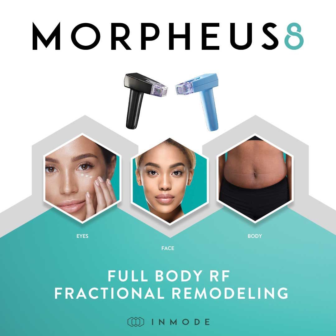 Morpheus8 advertisement: tools above facial and body images. Shows 