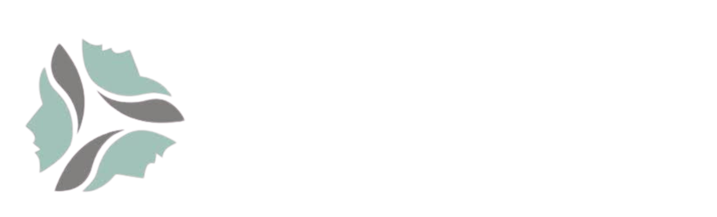 Logo with a triangular design of stylized faces in teal and gray.