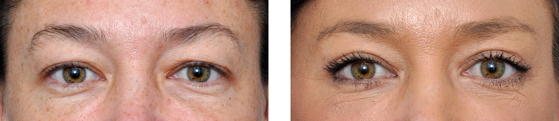 Before and after of two pairs of eyes. The before image has sparse brows. The after has fuller brows, eye makeup.