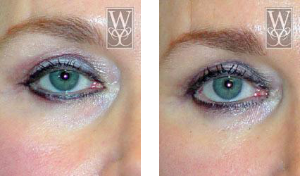 Two images of an eye with eye makeup, showing before and after changes.