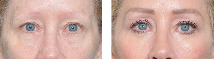 Before and after eye close-up: Eyes with no makeup, then eyes with makeup and filled eyebrows.