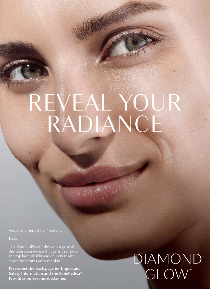 Woman's face close-up, smiling with bright eyes. Text reads