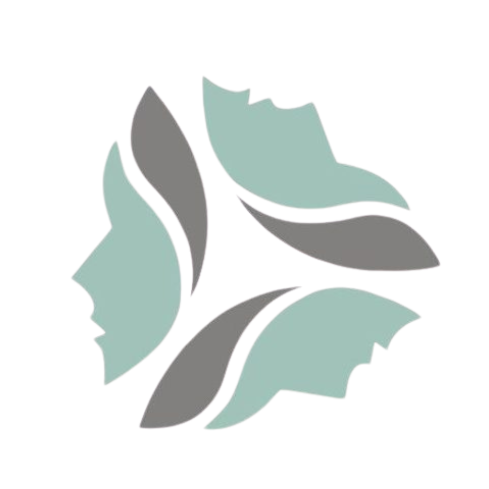 Abstract logo with three stylized faces in a circle, in shades of gray and teal.