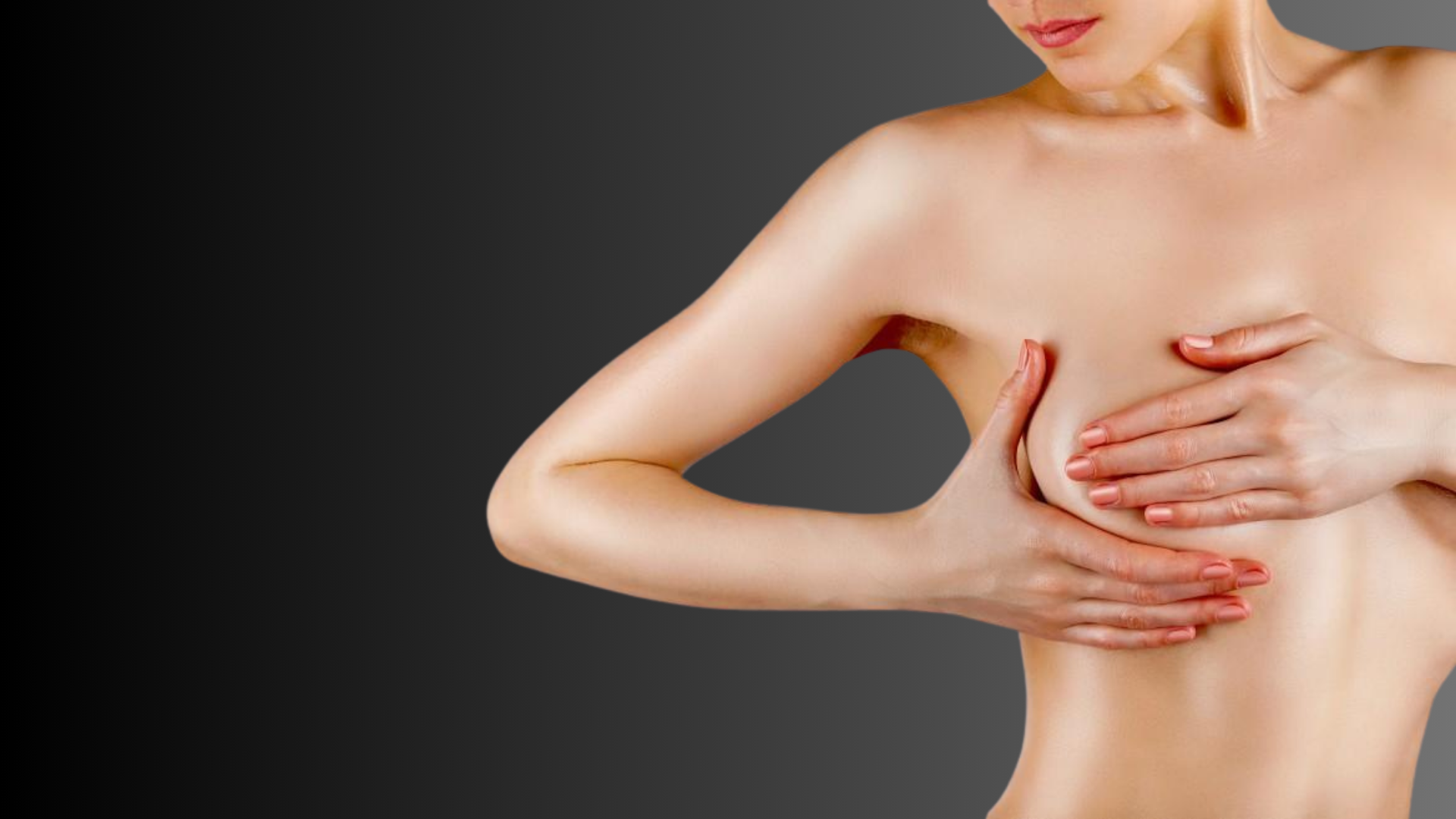 Woman touching her breasts, likely performing a breast self-exam. Dark grey background.