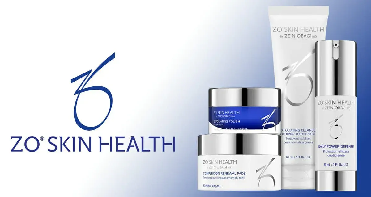 ZO Skin Health skincare products displayed with the company logo. White and blue packaging.