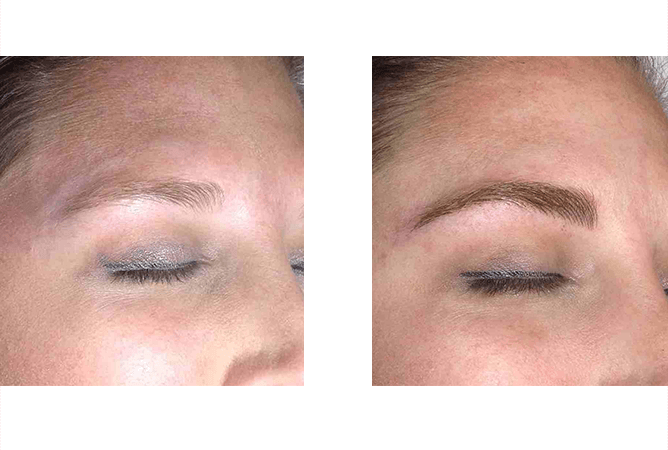 Eyebrow transformation: Before, sparse brows; after, filled-in, defined brows. Skin tone is light.