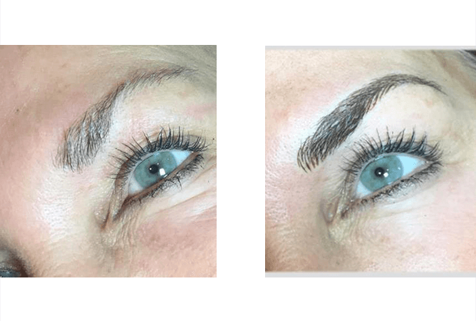 Two close-up images of an eye, one showing sparse eyebrows and the other filled-in, both with blue eyes and wrinkles.