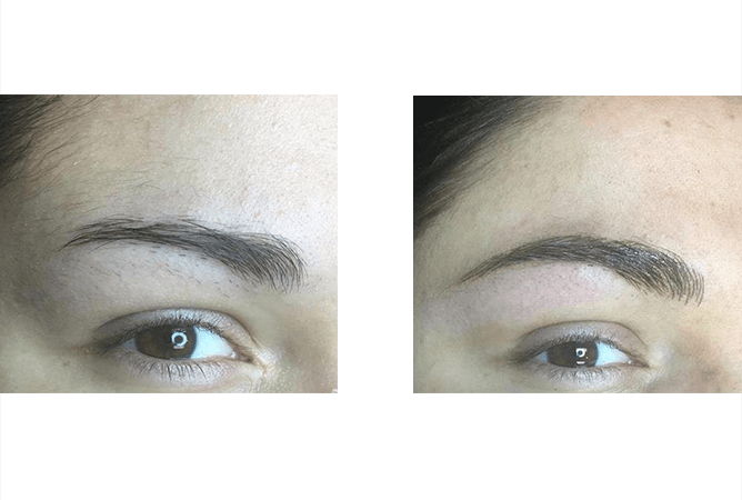 Eyebrow transformation: Before and after view of a person's eyebrow, showing a defined, filled shape in the after photo.