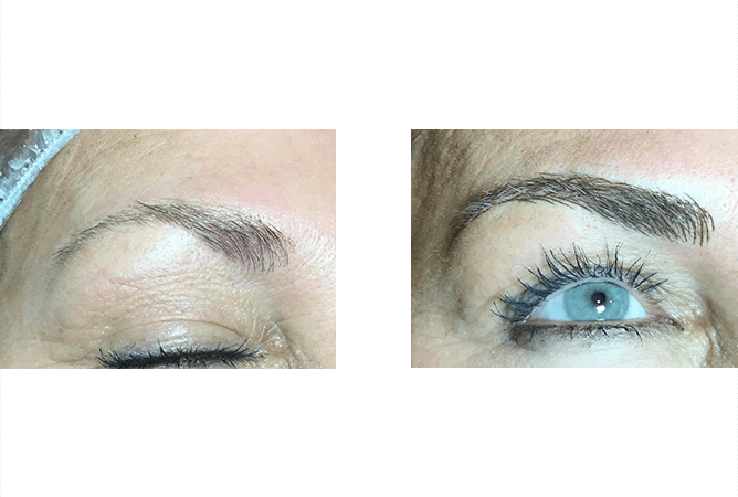 Eyebrow before and after: Sparse brow on left, filled-in, defined brow with blue eye on right.