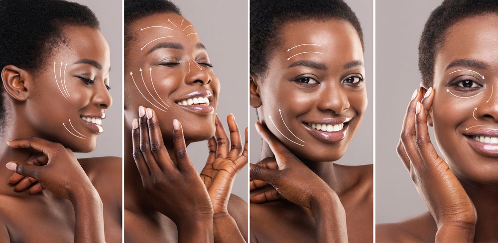Four panels: woman with marked face for cosmetic procedure, smiling, hands touching face, on gray.