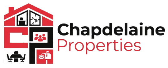 Chapdelaine Properties logo with red house icon and black and red text on white background