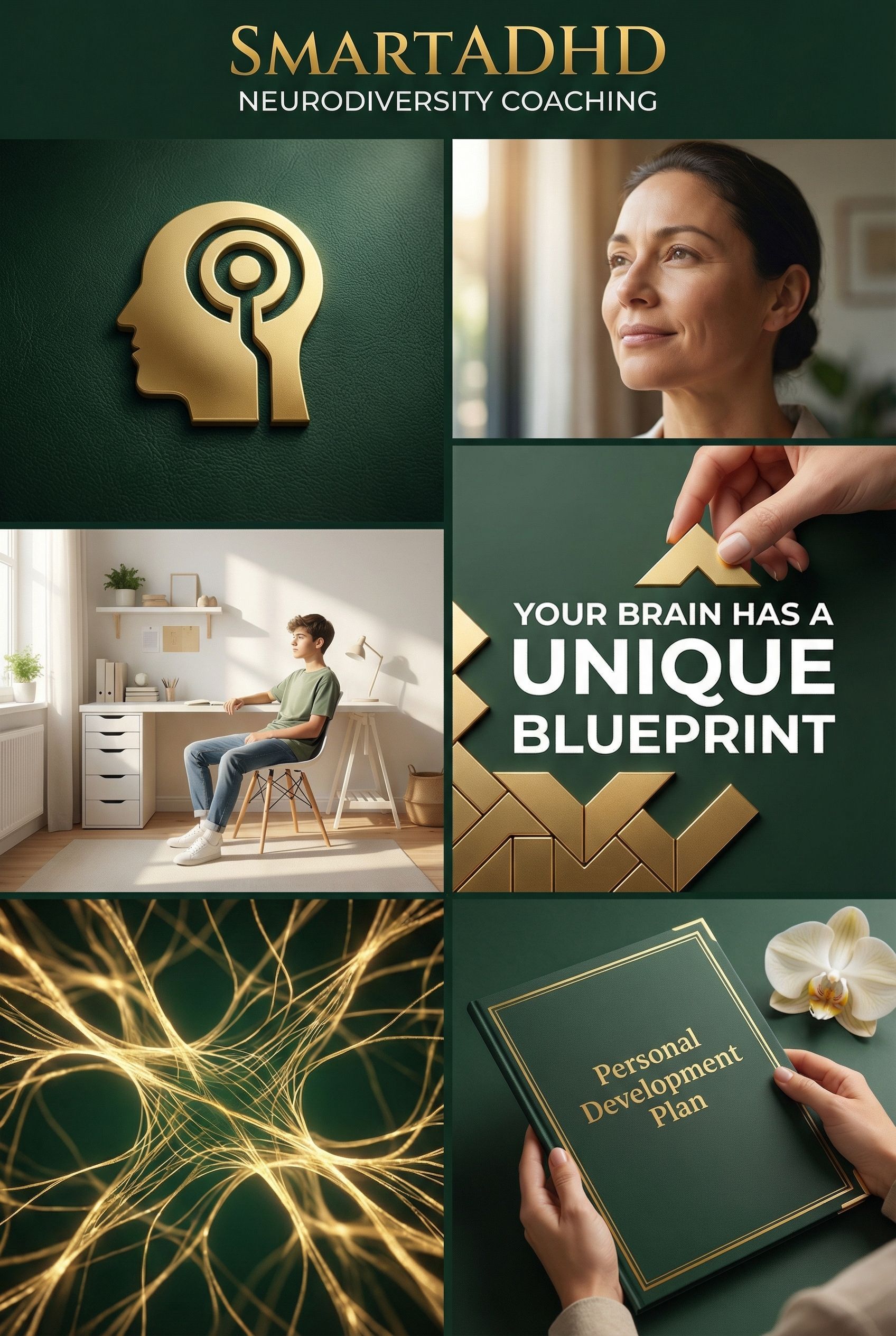 Collage for SmartADD magazine: brain icon, woman, home office, neurons, and a “unique blueprint” book cover