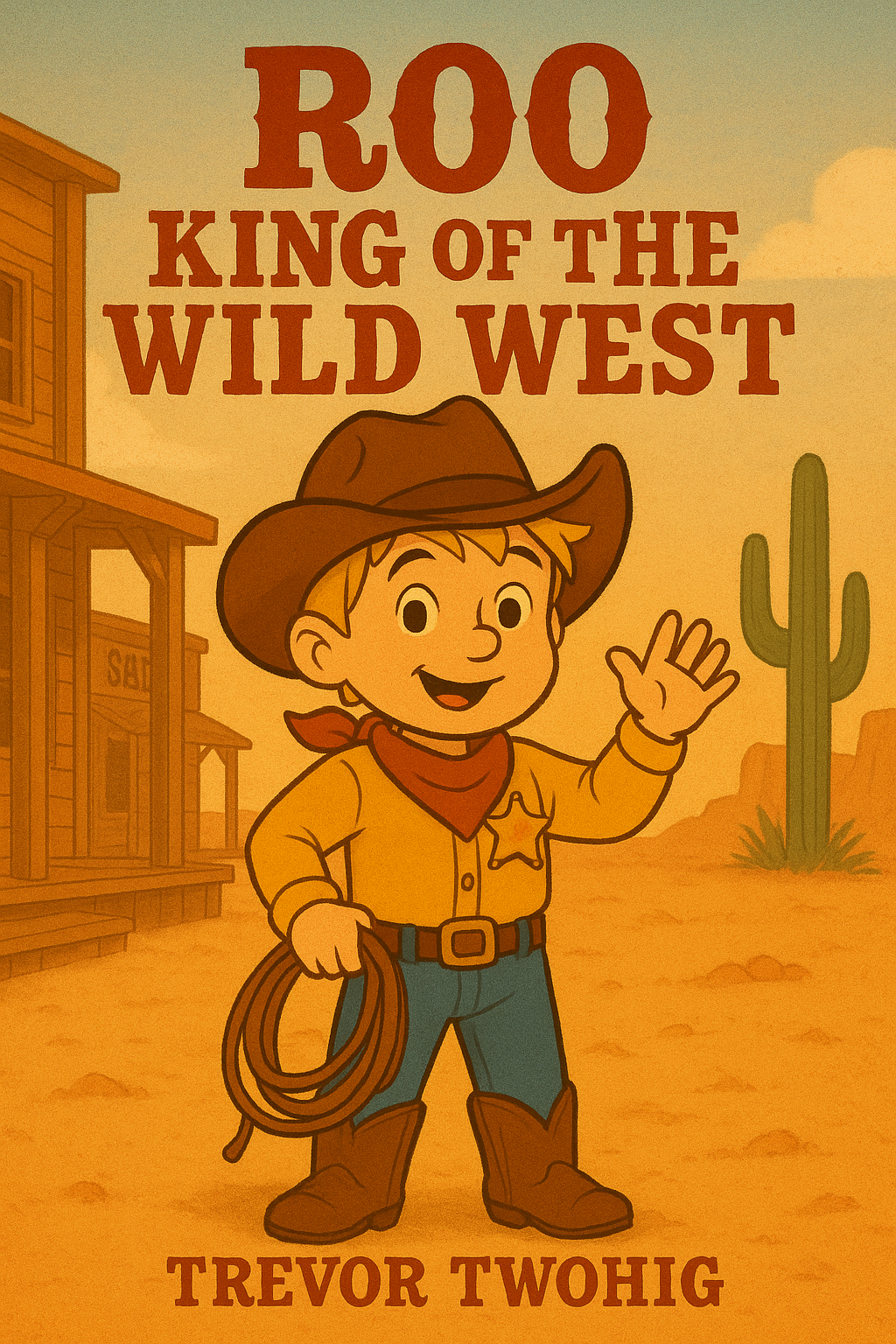 A young boy in cowboy attire waves, holding a lasso. Western setting: building, cactus, orange background.