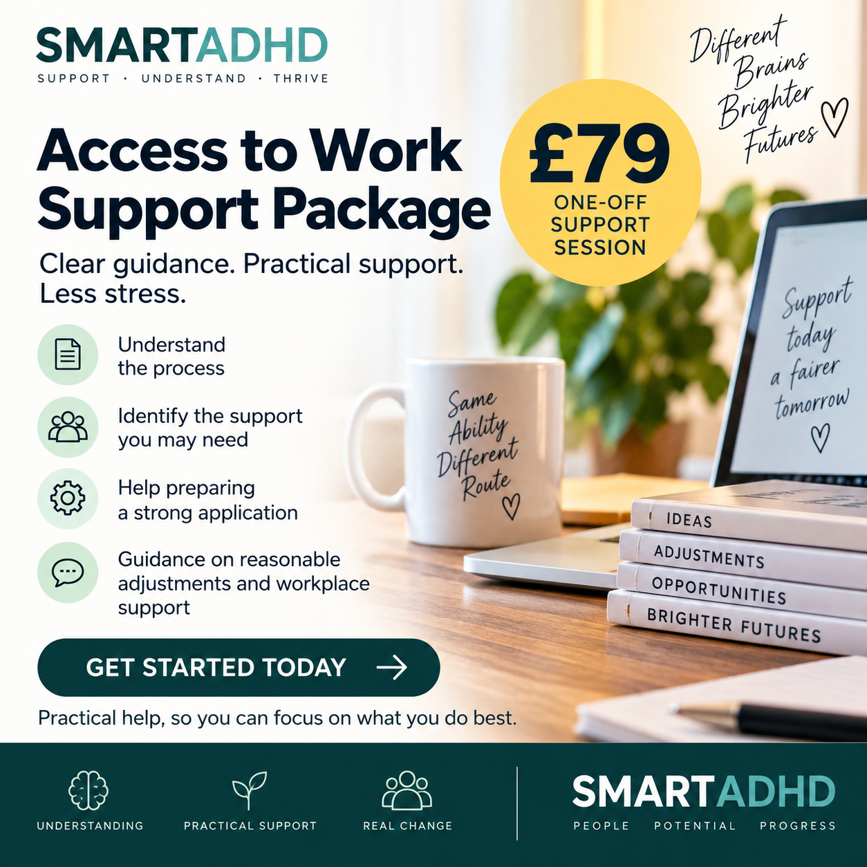 SMARTADHD ad for an Access to Work support package, featuring mugs, a notebook, £79 badge, and green CTA button