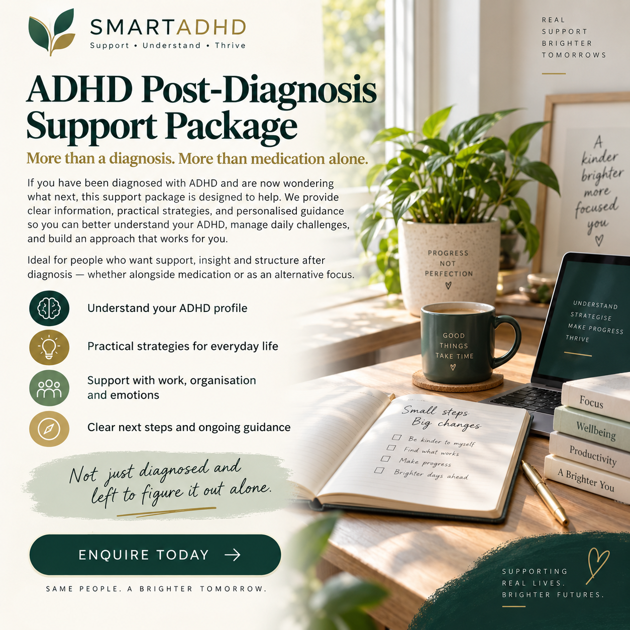ADHD post-diagnosis support package promo with desk, plants, notebook, mug, and teal text on cream background