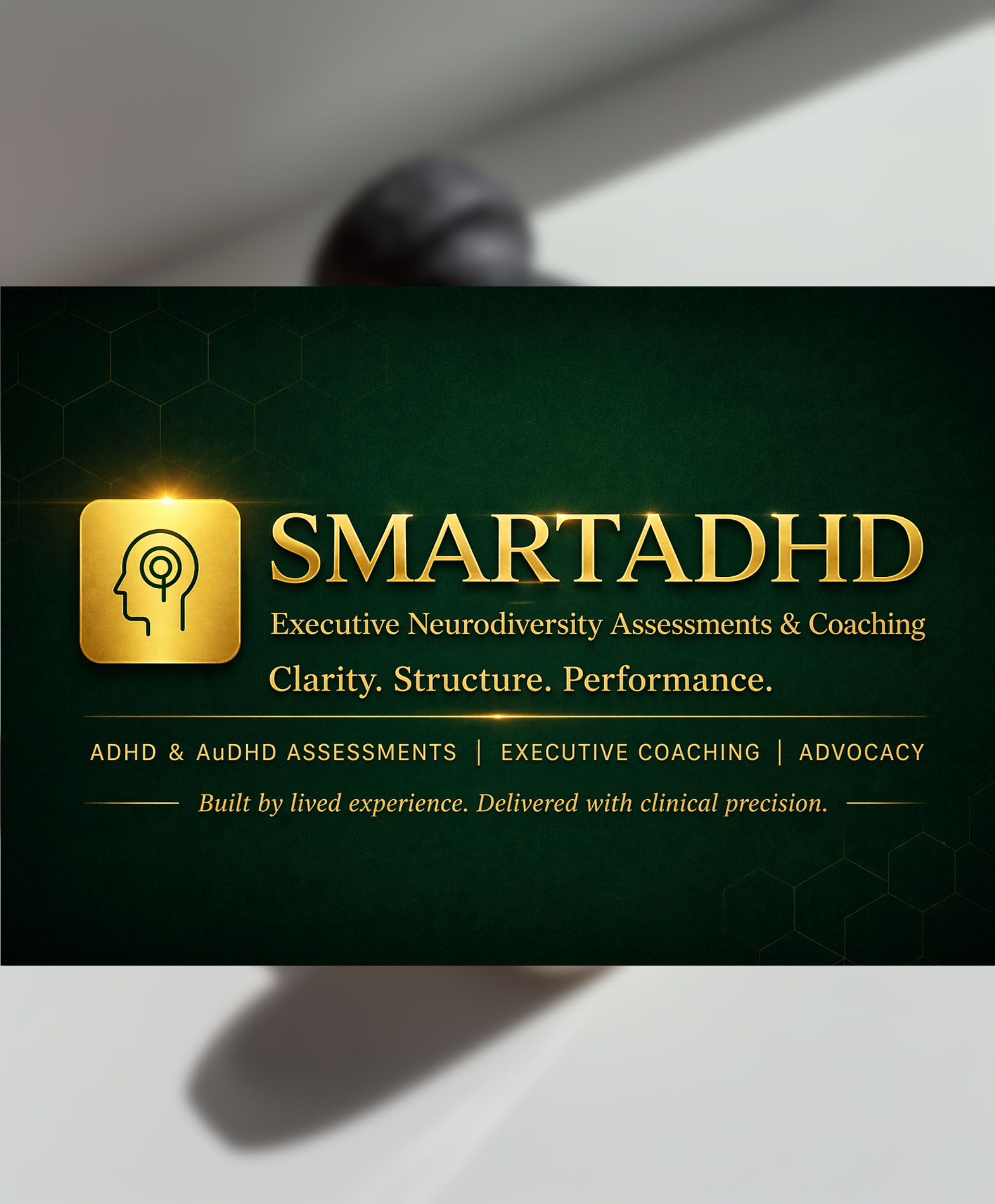 SMARTADHD gold logo and text on a dark green banner with a lightbulb icon; tagline reads “Clarity. Structure. Performance.”