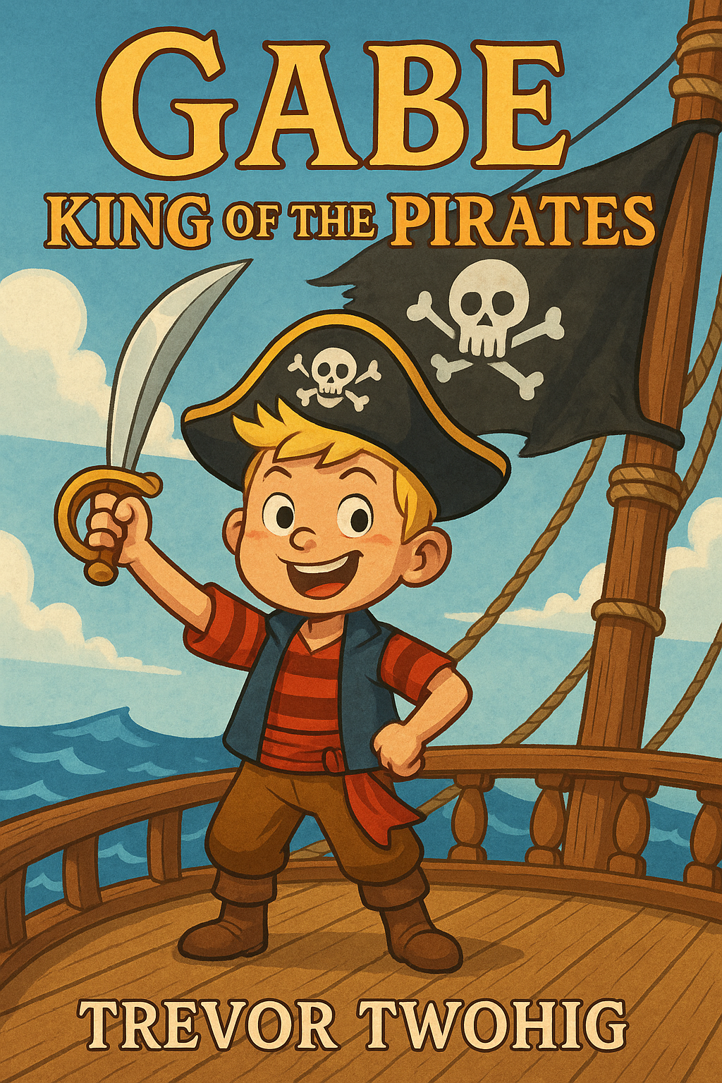 Boy dressed as a pirate holding a sword on a ship's deck, a pirate flag in the background.