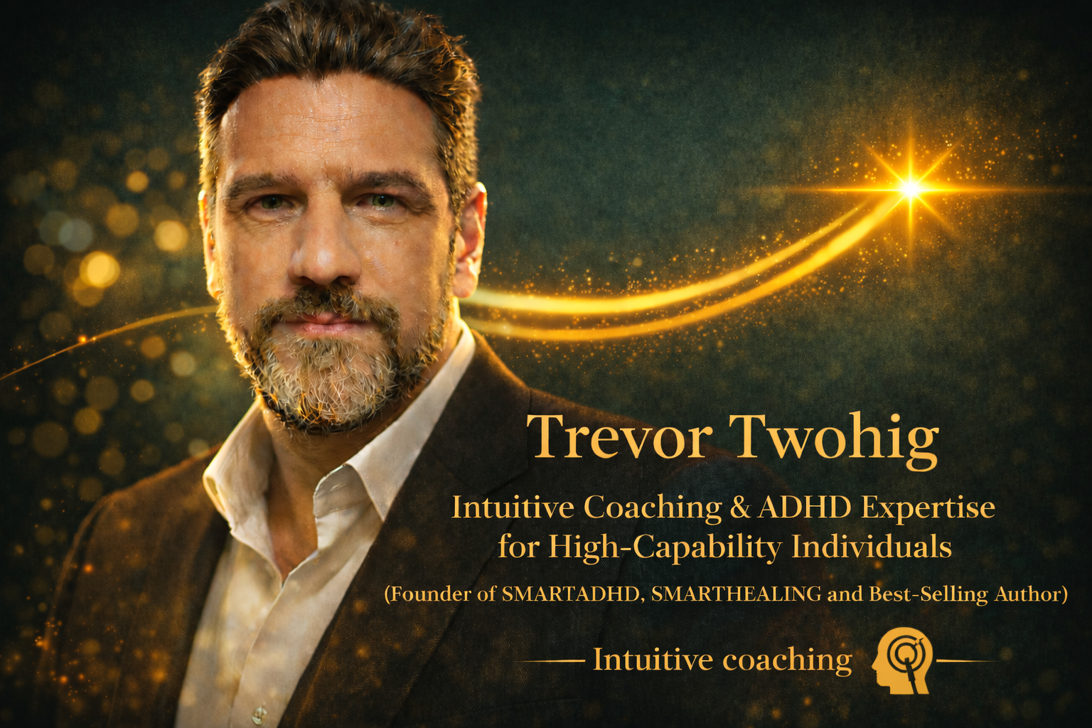 Trevor Twohig promotional banner with glowing gold streaks and text for intuitive coaching and ADHD expertise