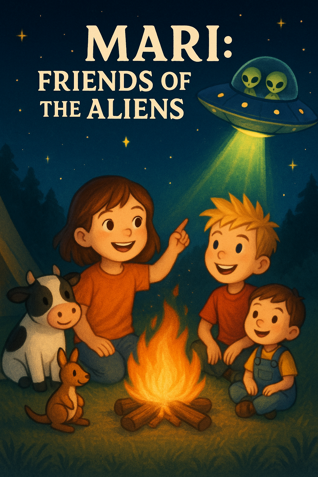 Mari and friends camping, with a campfire, UFO, and animals, under a starry sky.
