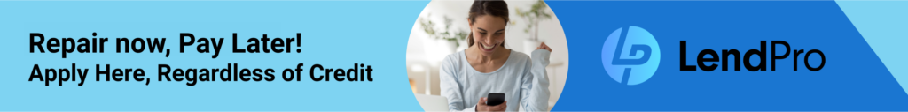 Banner ad promoting the Lendpro financing options. Features a woman on her phone in an oval, and a LendPro logo. Text says: