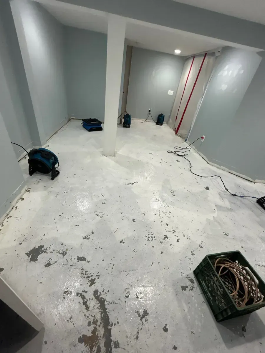 Middletown, NJ basement stripped after water damage with plastic floor protection and drying equipment