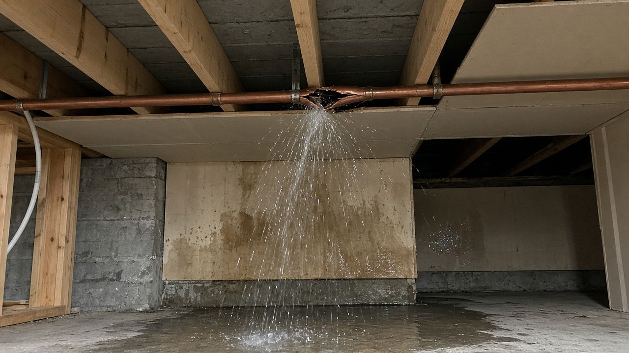 Illustration of a burst pipe leaking water inside a wall