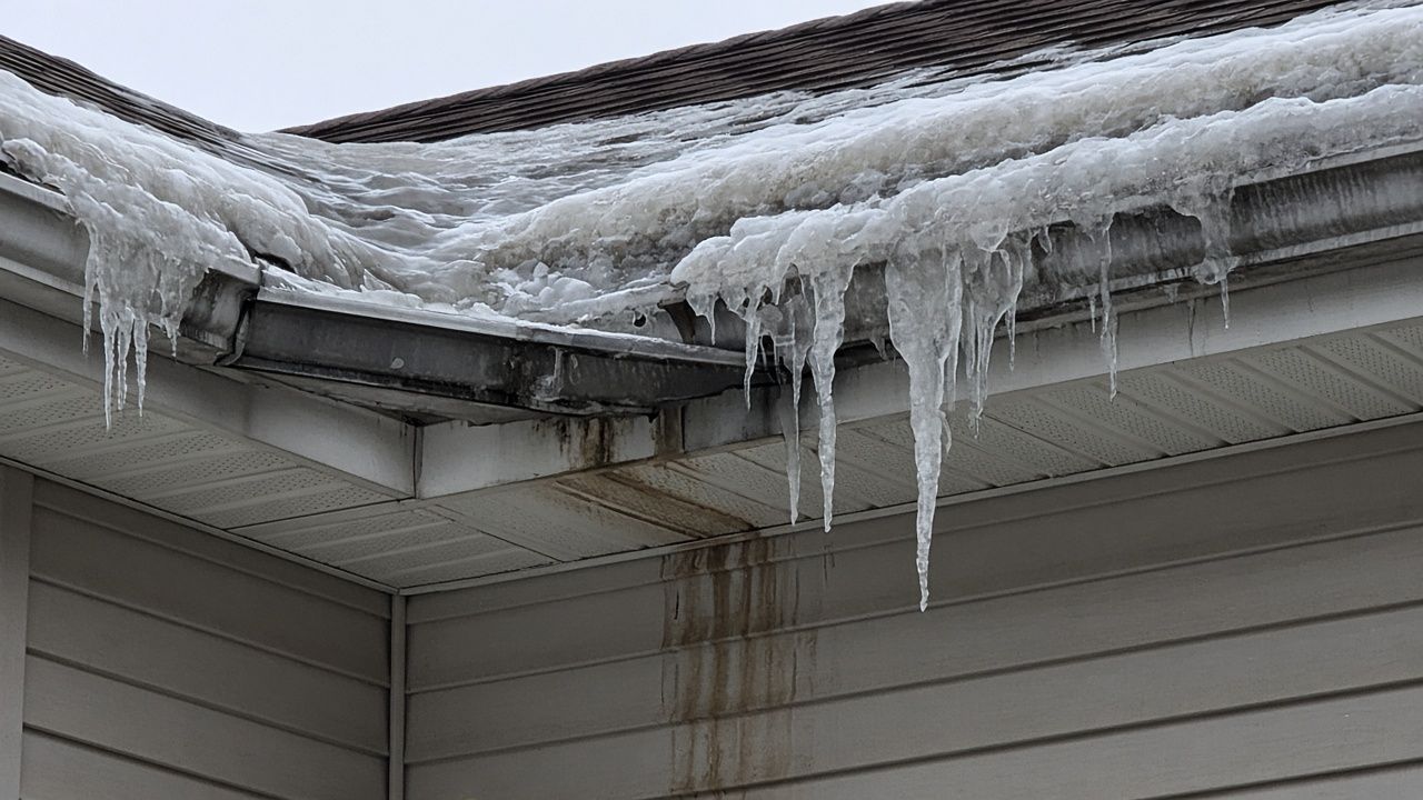 Illustration of an ice dam forming at a roof edge