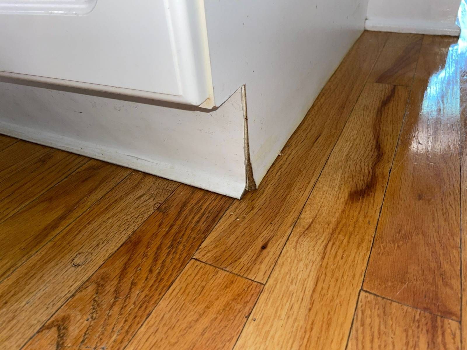 Dark water stain on oak hardwood flooring beside a swollen, split cabinet toe kick after a kitchen leak