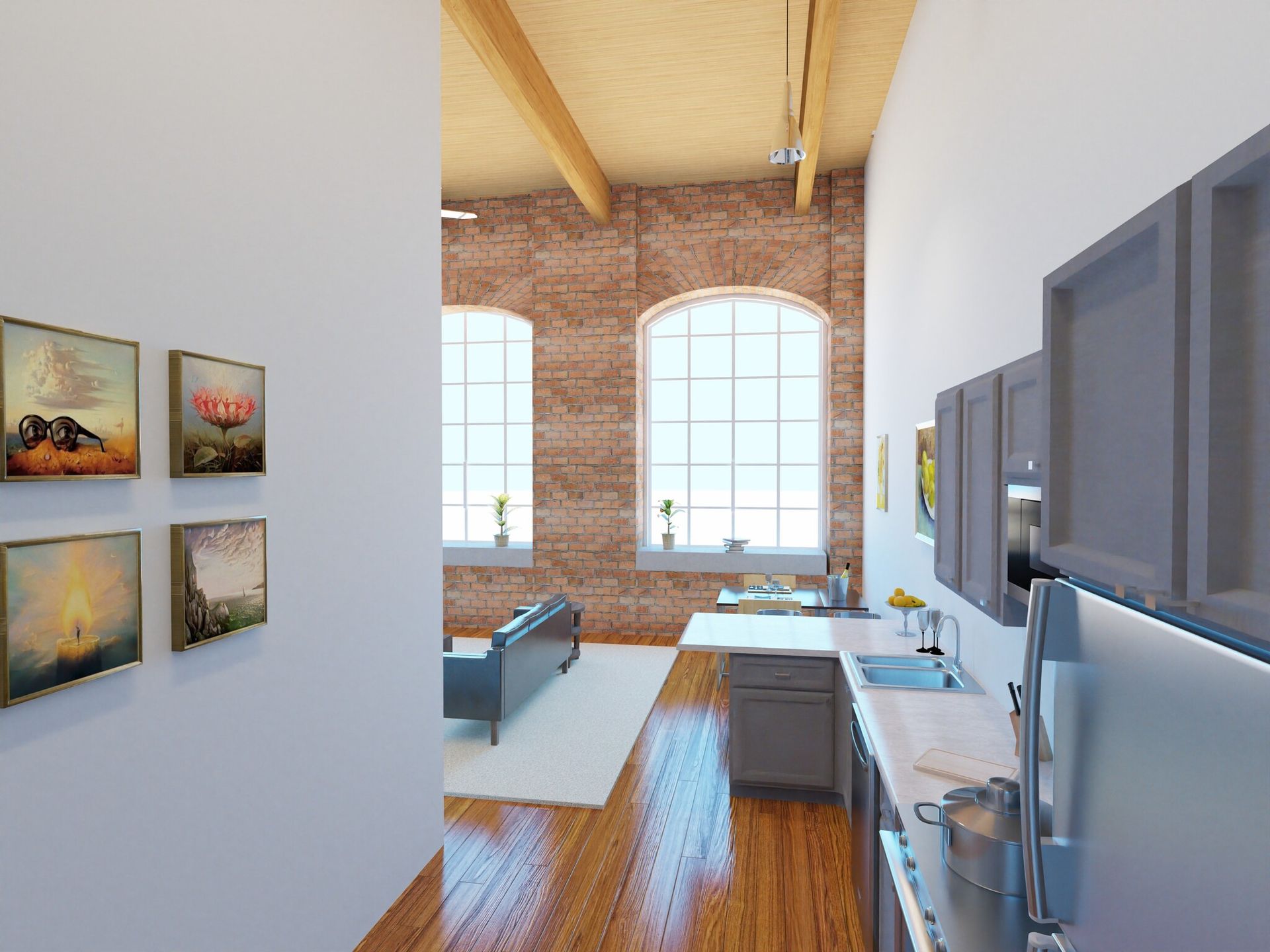 An artist 's impression of a kitchen and living room in a loft apartment.