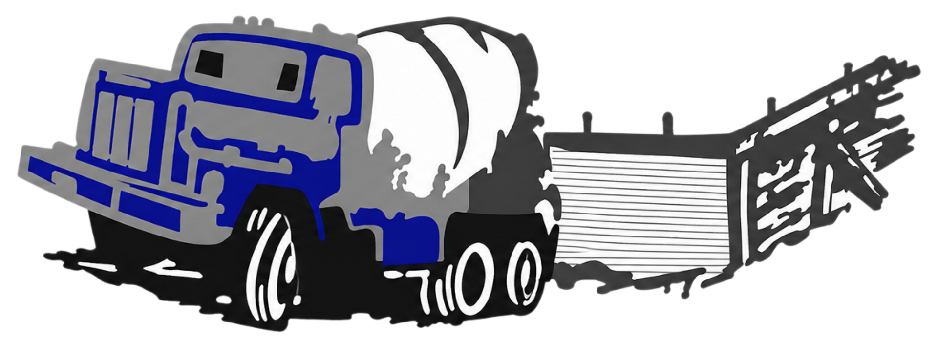 Blue cement mixer truck hauling a concrete trailer