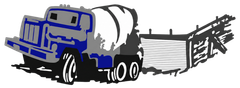 Blue cement mixer truck hauling a concrete trailer