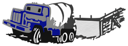 Blue cement mixer truck hauling a concrete trailer