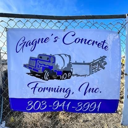 Gagne’s Concrete Forming, Inc. sign with blue truck graphic and phone number 303-941-3991