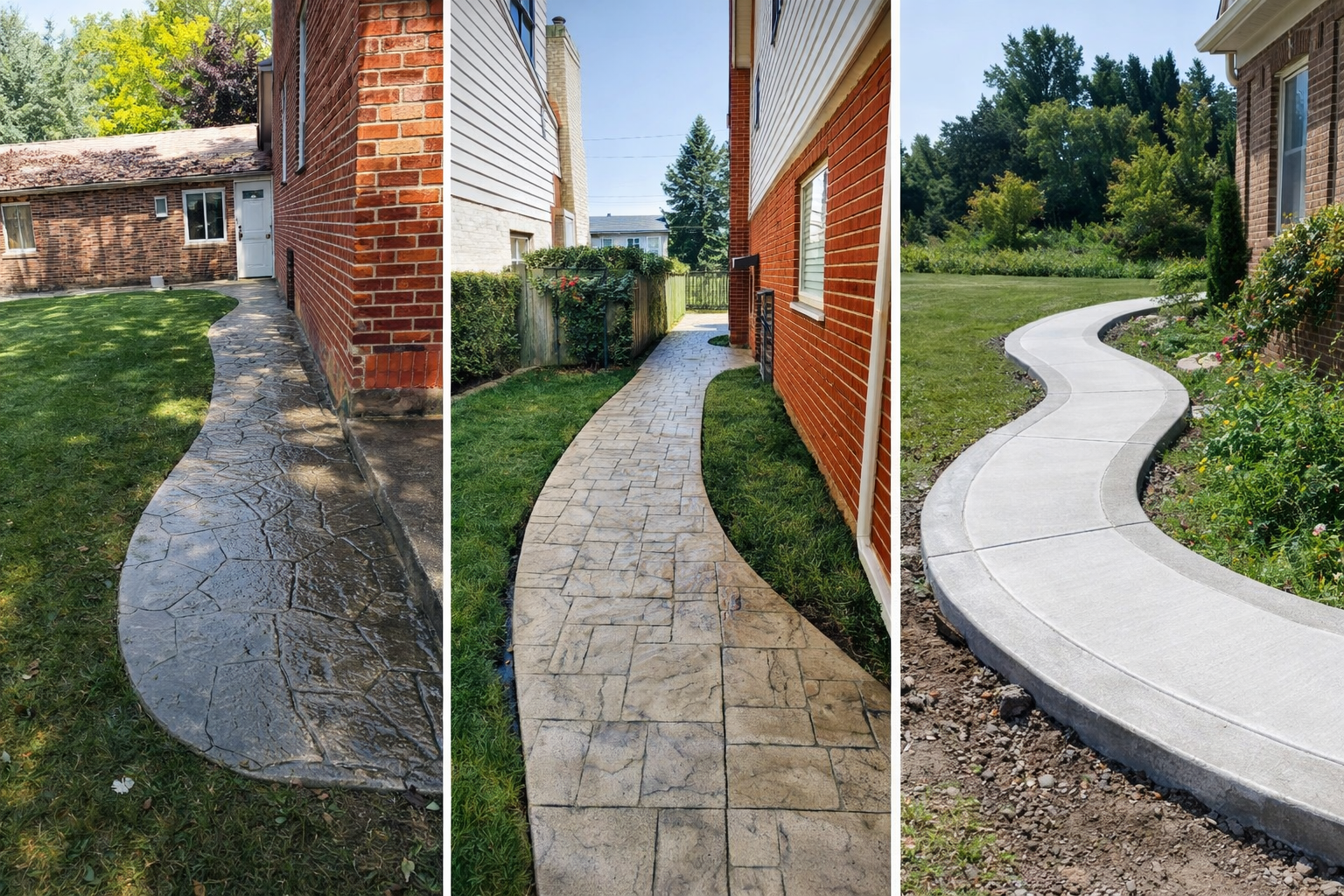 Three-part composite showing a curved stamped concrete walkway transitioning from installation to finished exterior.