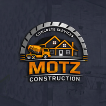 Logo for Motz Construction featuring a concrete mixer truck in front of a house, framed by a concrete saw blade.