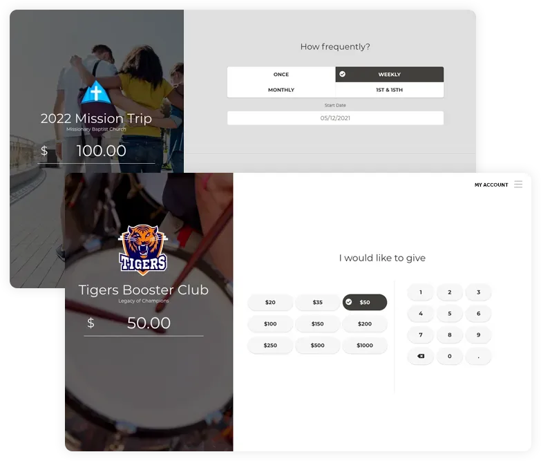 Donation/payment dashboard with fundraiser cards, amounts, and a keypad on a white interface