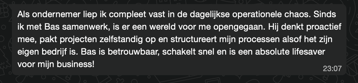 Dutch text on a dark background, including “Als ondernemer loop ik...”