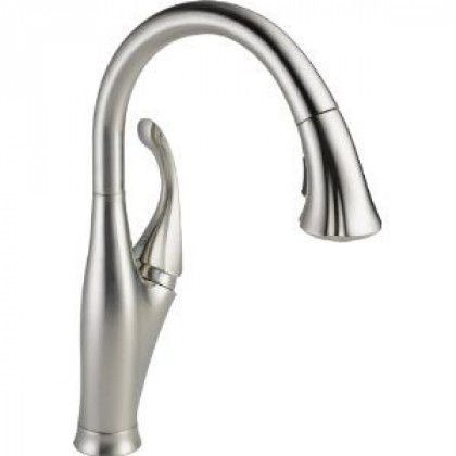 Chrome pull-down kitchen faucet with curved spout and side lever handle