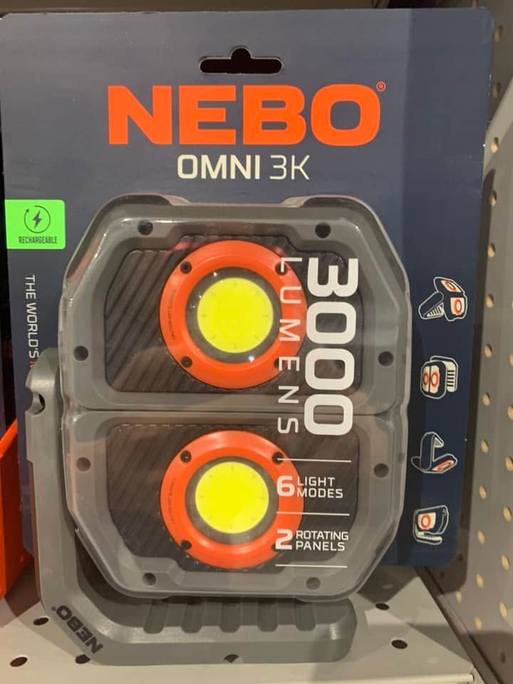 Nebo Omni 3K dual light panel package, black and orange with 3000 lumen label