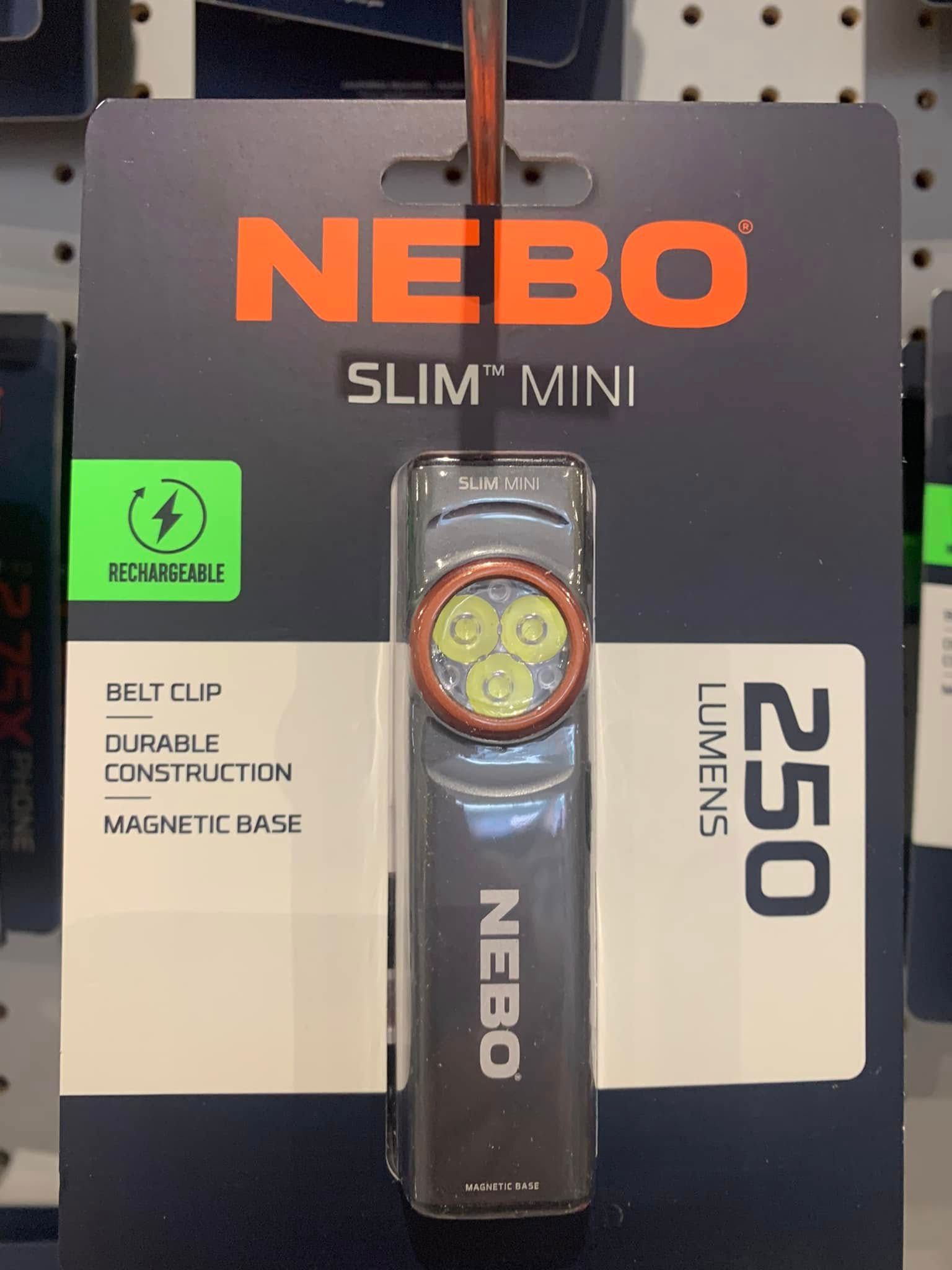 NEBO Slim Mini 250-lumen rechargeable flashlight in black packaging with magnetic base and clip
