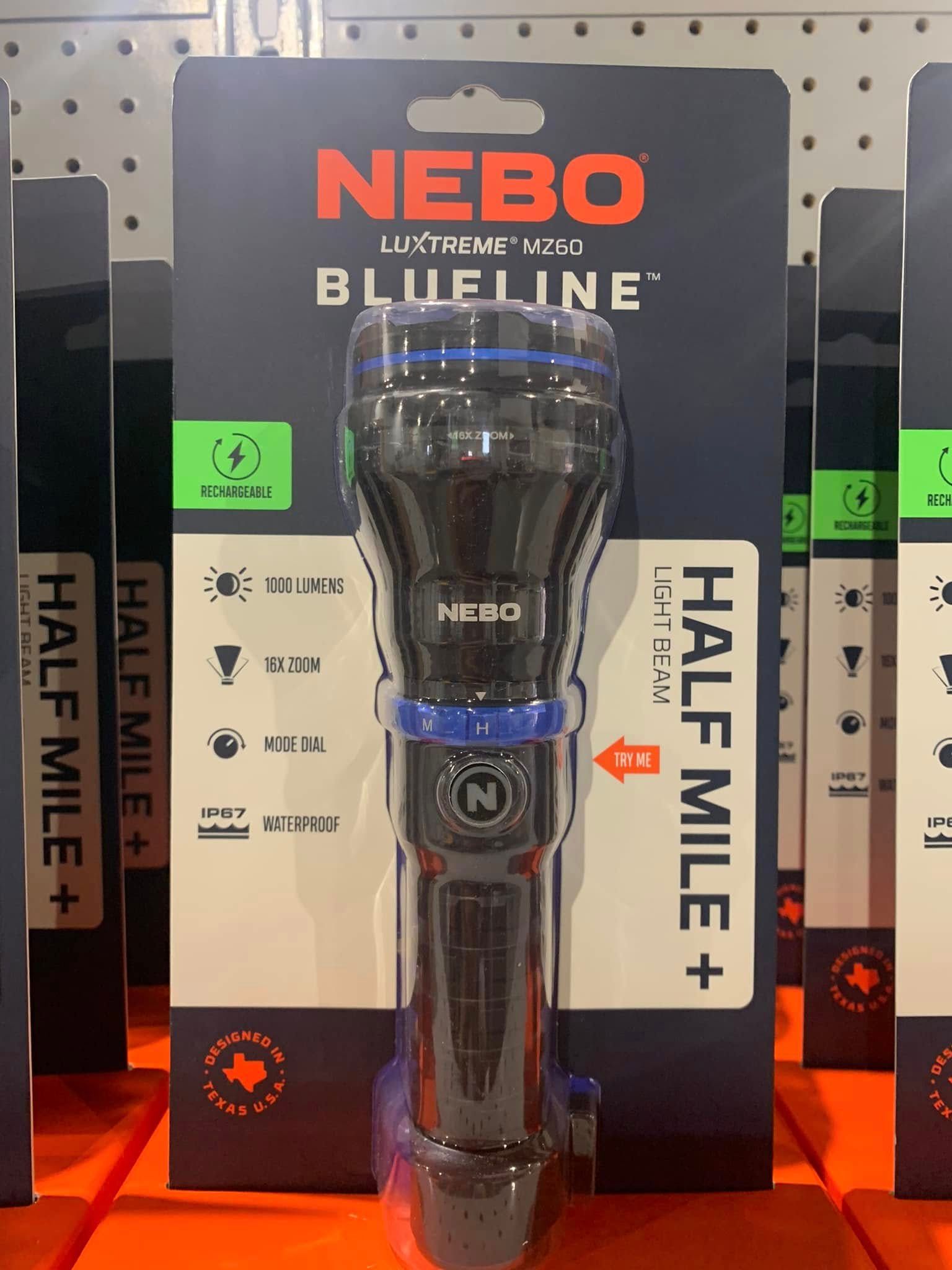 Nebo BlueLine Half Mile+ flashlight in retail packaging on a store display shelf